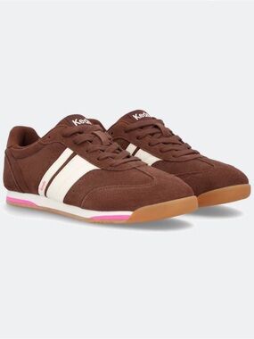 Keds Women’s Brown Suede Sneakers with White Stripes and Pink Accent